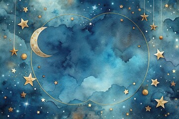 Wall Mural - celestial night scene a dreamlike watercolor background with golden stars and crescent moon, perfect