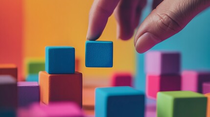 Poster - Business concept – hand stacking wooden blocks with online marketing symbols representing seo, social media, email marketing, and digital advertising strategies for successful brand growth and online 