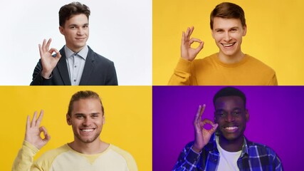 Poster - Four diverse men display the okay hand gesture against colorful backgrounds, representing positivity and international unity. This collage captures a modern lifestyle in a vivid setting.