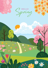 Wall Mural - spring landscape background with mountain and tree for a4 vertical design