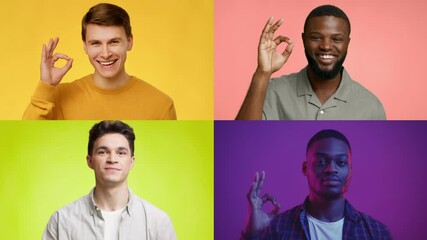 Poster - Four men from different backgrounds display the okay gesture, smiling in vibrant colors. This collage fosters a sense of unity and positivity among communities.