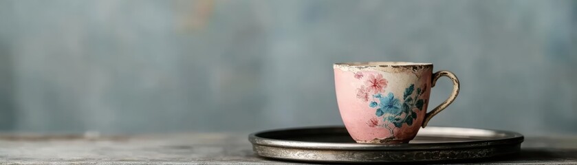 Poster - Charming Pink and Blue Ceramic Cup Resting Elegantly on a White Plate Surrounded by Soft Natural Light Evoking a Cozy and Inviting Atmosphere