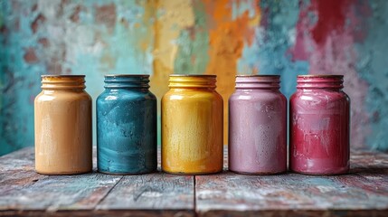 Colorful paint jars arranged on a wooden surface.