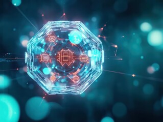 Poster - A Captivating Futuristic Sphere Illuminated with Radiant Blue and Red Lights Set Against a Dark Background Evoking a Sense of Mystery and Innovation