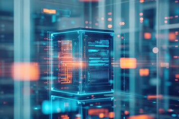Poster - High-Tech Server in Modern Server Room with Cool Blue Lighting and Organized Cables Creating a Professional and Efficient Data Management Environment