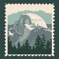 A postal stamp of the half dome in yosemite national park flat style vector illustration