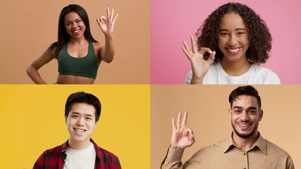 Poster - A collage features four individuals of various backgrounds making the okay hand gesture. Each person showcases their unique style against bright, colorful backgrounds, highlighting diversity.