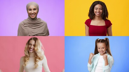 Poster - Four joyful women express their excitement and happiness through victorious gestures. Each enjoys a moment of celebration against vibrant backgrounds, showcasing diverse emotions and unity.