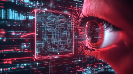 Poster - Intriguing Close-Up of a Woman's Eye Amidst a Futuristic Circuit Background Symbolizing Technology and Human Connection in a Modern Context
