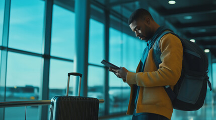 Aufkleber - In a bustling airport terminal filled with natural light, a focused traveler stands beside a sleek suitcase, deeply engaged with their tablet while awaiting their departure