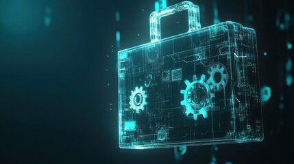Digital briefcase, gears, data flow, dark blue background, security concept