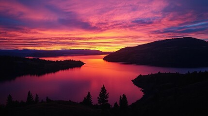 Wall Mural - Stunning sunset over a tranquil lake and mountains