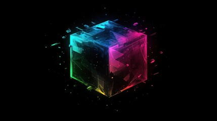 Poster - Abstract Glowing Cube with Neon Colors and Shattered Glass Effect