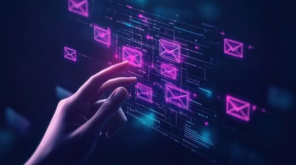 Poster - A close up of a hand gently interacting with a digital screen featuring a vibrant pink email icon symbolizing communication in a modern technology setting