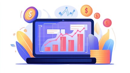 Poster - Financial Growth Analysis on Laptop Screen with Dollar Coins and Charts