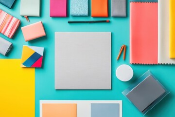 Poster - Vibrant Display of Various Colored Papers and Paints in an Artistic Arrangement Evoking Creativity Imagination and Artistic Expression in a Studio Setting