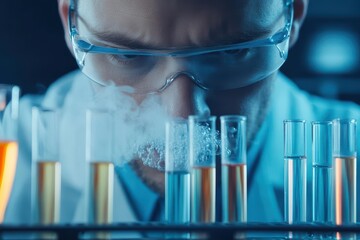 Poster - Scientist in Lab Coat Analyzing Industrial Pipe for Research Purpose in Modern Laboratory Environment with Focused Expression and Serious Intent