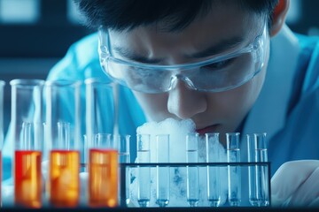 Poster - Scientist in White Lab Coat Observing a Beaker with Intriguing Liquid Mixture in Modern Laboratory Setting Evoking Curiosity and Exploration
