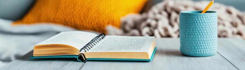 Poster - A Cozy Study Scene Featuring an Open Book and a Pencil Resting on a Wooden Table with Soft Ambient Light Creating a Warm and Inviting Atmosphere
