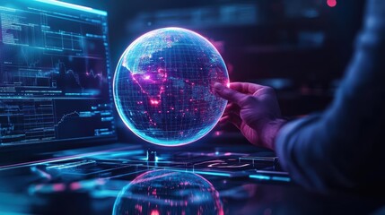 Poster - Person Holding Glass Sphere Above Laptop in Modern Workspace Symbolizing Creativity and Innovation with Soft Natural Light and Contemporary Design Elements