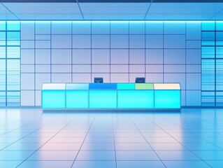 Poster - Contemporary Office Space Featuring a Sleek Blue Reception Counter Surrounded by Modern Furnishings and Bright Natural Light Creating a Welcoming Atmosphere