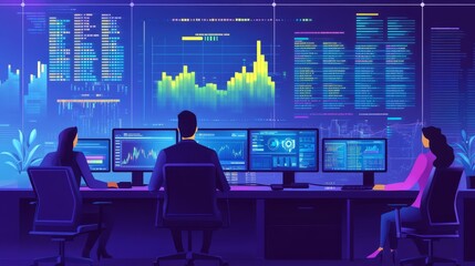 Poster - Professional financial data analysts in a high-tech monitoring office analyzing real-time market trends on a large digital screen displaying live financial analytics, with specialists working on compu