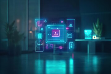 Poster - Vibrant Computer Screen Illuminated with Blue and Pink Neon Lights Creating a Futuristic and Energetic Atmosphere in a Modern Digital Workspace