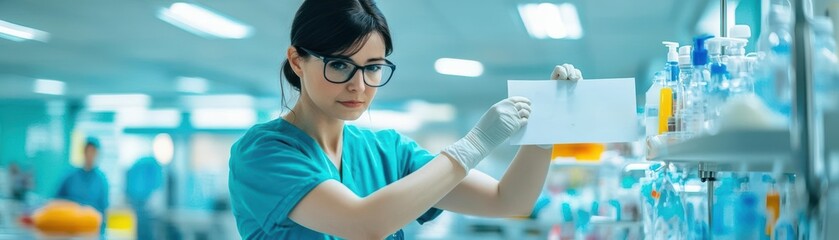 Poster - Focused Woman in Laboratory Environment Analyzing Research Paper with Intent Expression Conveying Dedication to Scientific Discovery and Innovation