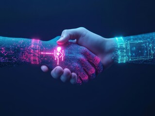 Poster - Two Hands Shaking Above a High-Tech Circuit Board Illuminated by Vibrant Red and Blue Lights Symbolizing Collaboration in the Digital Age