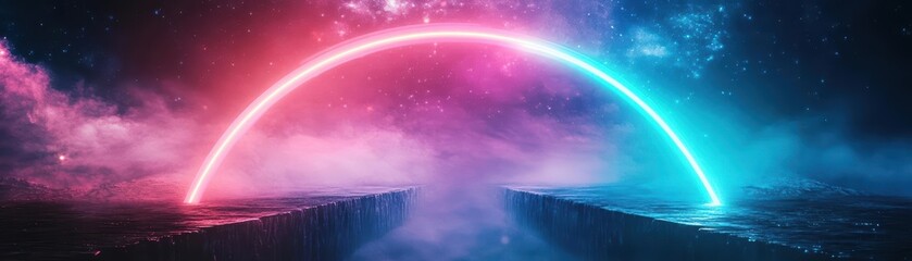 Poster - Vibrant Rainbow Arch Illuminating a Dark Mystical Space with Colorful Hues Creating a Magical Contrast and Evoking Wonder and Imagination in the Void