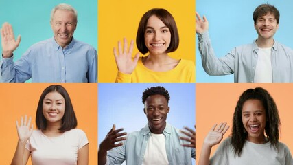 Poster - A cheerful collection of diverse individuals wave hello with bright smiles. The setting features vibrant colored backgrounds, showcasing positivity and warmth in gestures.