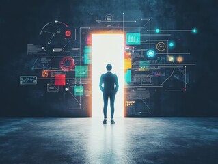 Fototapete - A man standing confidently in front of a modern doorway displaying a vibrant digital interface creating a blend of technology and architecture