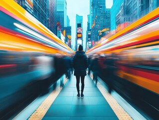Poster - A solitary figure walking along an urban street with a vibrant blurred train passing by creating a dynamic contrast in motion and stillness