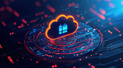 Poster - cloud based file storage glowing cloud icon with security symbols on digital interface