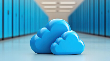 Poster - cloud based file storage Blue cloud symbols in futuristic data center hallway
