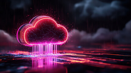 Poster - cloud based file storage Futuristic glowing cloud with data streams in digital landscape