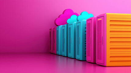 Poster - cloud based file storage Colorful cloud storage servers with vibrant pink and blue design