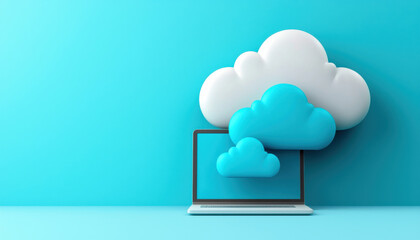 Poster - cloud based file storage Cloud computing concept with laptop and clouds on blue background