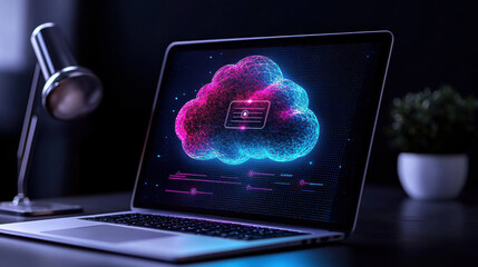 Poster - cloud based file storage laptop displaying digital cloud with vibrant colors symbolizes secure data storage