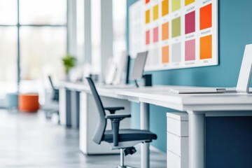 Poster - Modern Workspace Featuring a Row of Sleek Desks Equipped with Computers and Ergonomic Chairs in a Bright and Inviting Office Environment