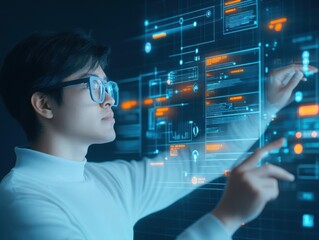 Poster - Focused Man Wearing Glasses Engaged with Interactive Digital Interface in Modern Workspace Reflecting Innovation Technology and Professionalism