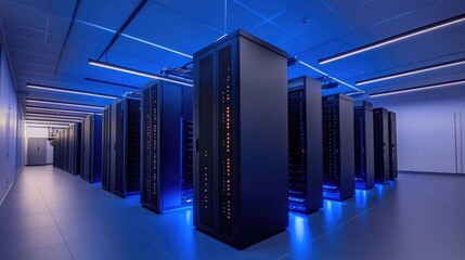 Aufkleber - Advanced data center with modern server racks illuminated by blue LED lighting, showcasing high-tech infrastructure and efficient networking. Ideal for cloud computing, IT security, digital storage