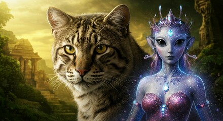  Bobcat portrait with an elven humanoid figure in fantasy landscape