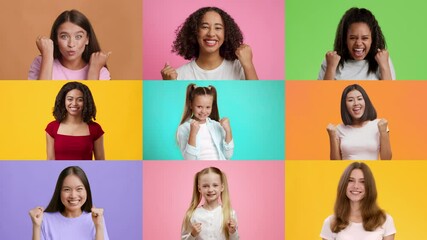 Poster - A diverse group of women expresses their excitement and joy through cheerful gestures. Their happy faces radiate positivity against colorful backgrounds, showcasing moments of victory.