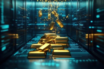 Poster - Illuminated Gold Bar Resting on Server Rack Surrounded by High Tech Equipment and Wires Creating a Contrast of Wealth and Technology in Modern Space