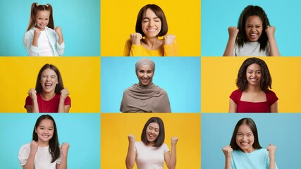 Poster - A lively collection of winners expressing joy and excitement through cheerful gestures. Each individual showcases happiness against colorful backgrounds, emphasizing their triumph.