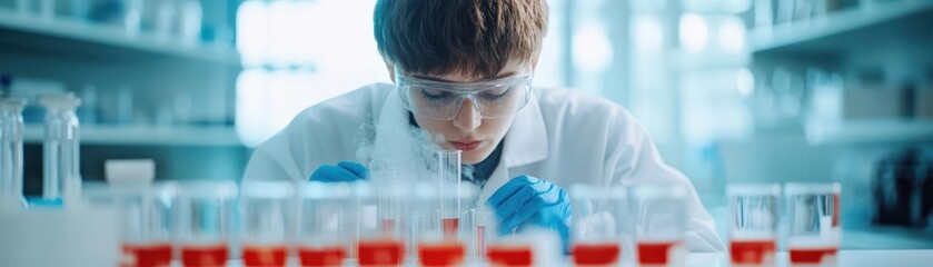 Poster - Young Scientist in Lab Coat and Goggles Holding Test Tube in Modern Laboratory Setting Exuding Curiosity and Innovation in Scientific Exploration