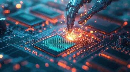 Poster - Skilled Technician Welding Intricate Components on a Computer Chip in a Modern Workshop Highlighting Precision Craftsmanship and Technical Expertise