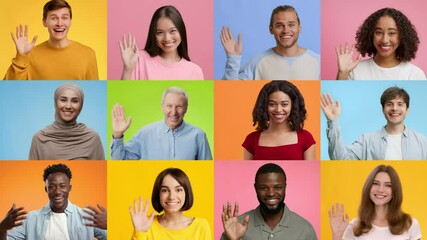 Poster - A joyful collection of diverse individuals expressing friendly greetings through hand waves and smiles. Each person showcases a unique background and positive emotion against vibrant colors.
