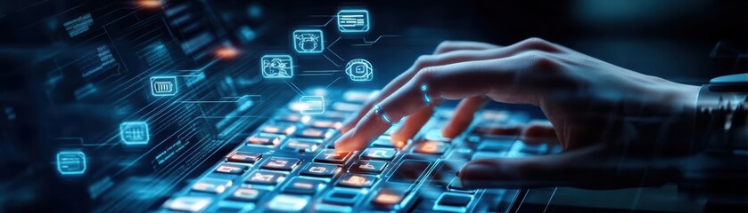 Poster - A Close Up of a Hand Gently Touching a Modern Keyboard with a Touch Screen Display Illustrating Interaction Technology and Digital Communication Trends